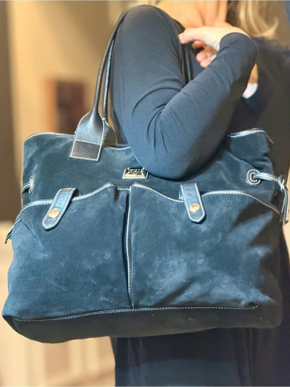 Dooney & Bourke Y2K Late 2000s Dillen Suede Double Pocket Satchel Black